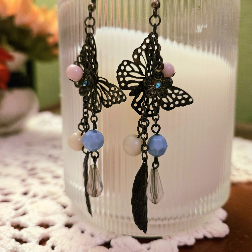 Maurices Antique-Style Butterfly Dangle Earrings in Pink & Blue